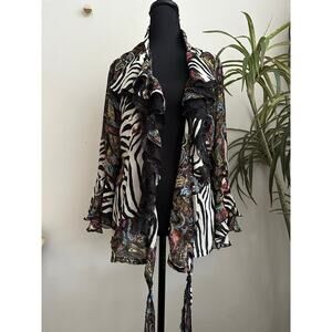 Le Caviar zebra paisley print ruffle lace tie front flare sleeve top Small
